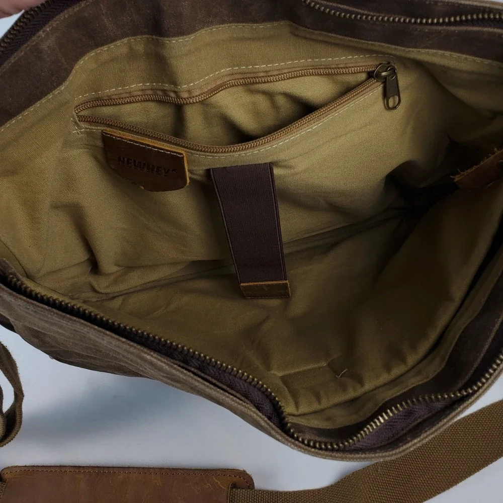NEWHEY Messenger Laptop Bag Waterproof Canvas Leather Nubuck Brown Beeswax